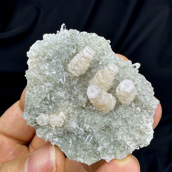 Three stacked pagoda calcite towers on quartz needles from Fujian, China, top view