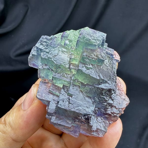 Stepped blue fluorite overgrowing green octahedral fluorite from Jiangxi, China, second angle