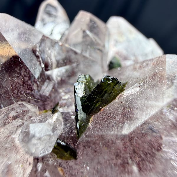 Strawberry-pink garden quartz crystals with green epidote from Sichuan, China, second angle