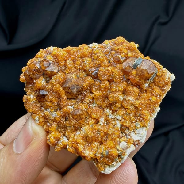 Plate crusted with Fanta-orange spessartine garnets from Yunxiao, Fujian, China, held in hand