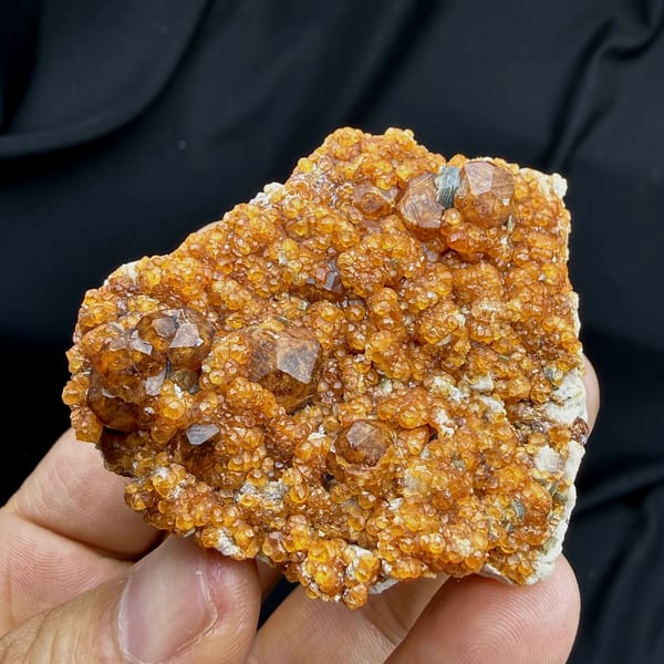 Plate crusted with Fanta-orange spessartine garnets from Yunxiao, Fujian, China, close-up of the crystal faces