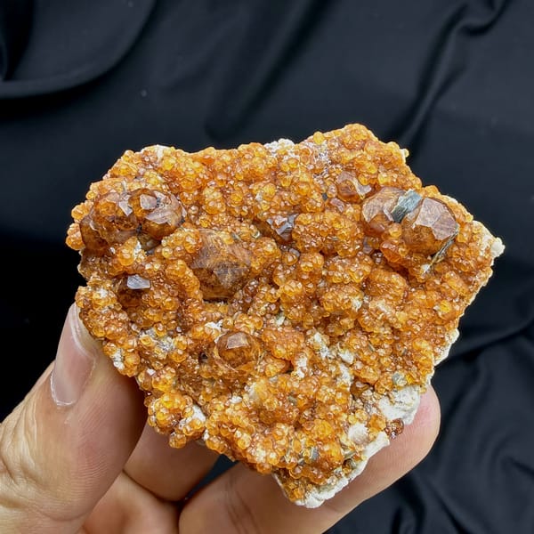 Plate crusted with Fanta-orange spessartine garnets from Yunxiao, Fujian, China, reverse side