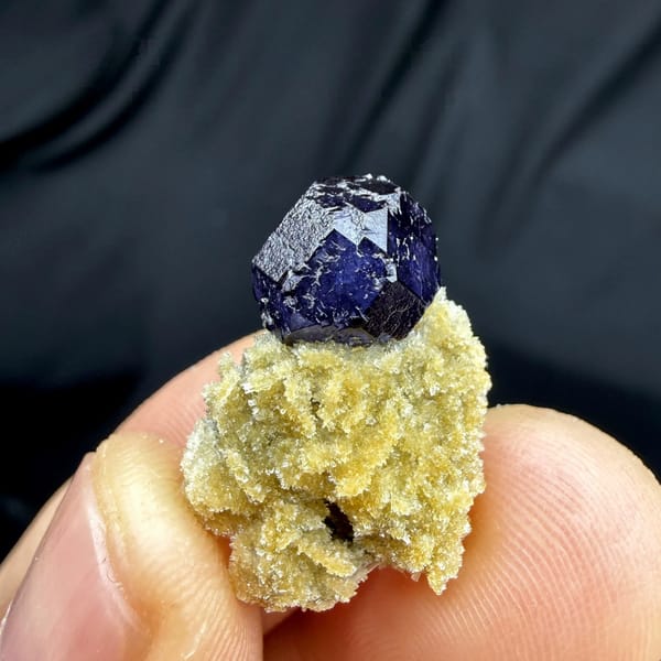Deep blue fluorite octahedron on pale zeolite pedestal from Yunxiao, Fujian, China