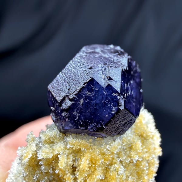 Deep blue fluorite octahedron on pale zeolite pedestal from Yunxiao, Fujian, China, second angle