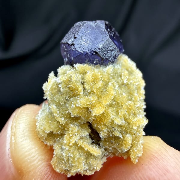 Deep blue fluorite octahedron on pale zeolite pedestal from Yunxiao, Fujian, China, top view