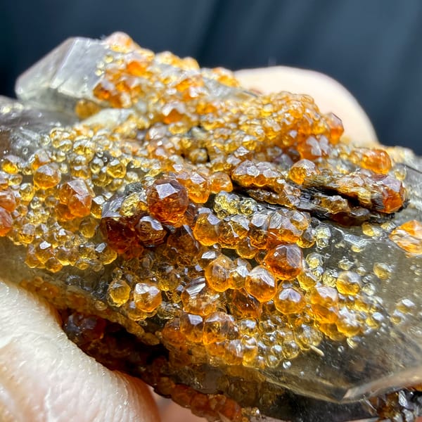 Smoky double-terminated quartz with orange spessartine garnets from Yunxiao, Fujian, China, second angle