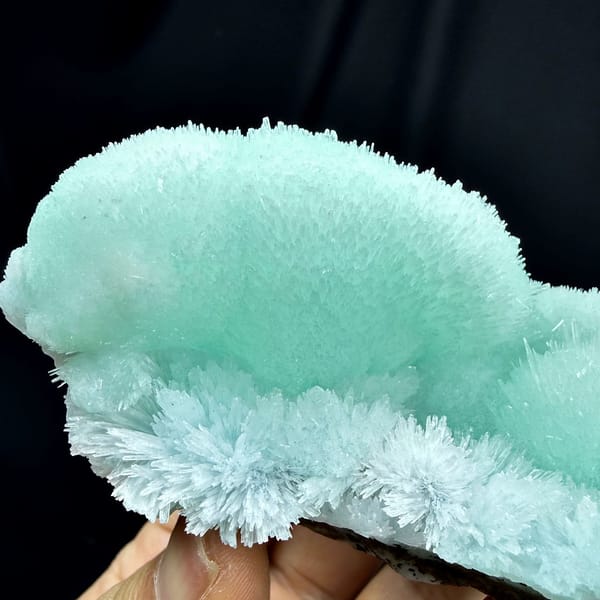 Aqua-blue acicular aragonite flower mounds from Yunnan, China, top view