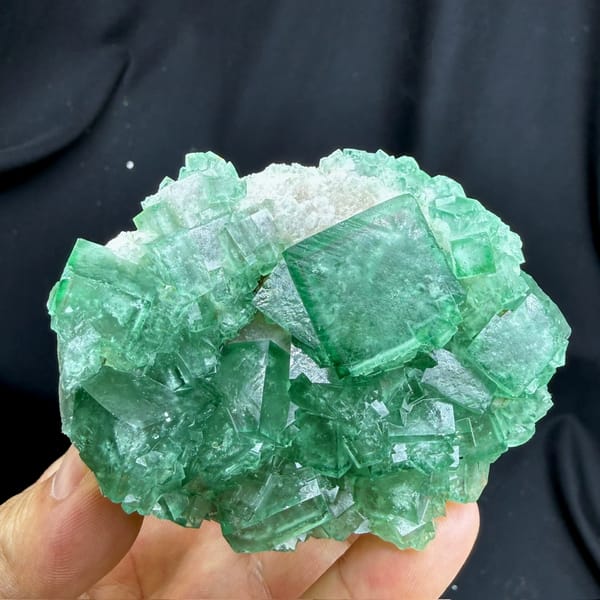 Sea-green daylight fluorite cubes on white quartz from Madagascar, held in hand
