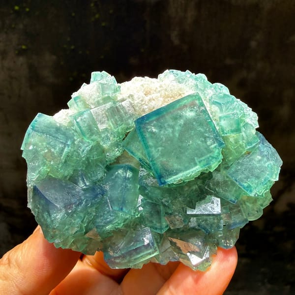 Sea-green daylight fluorite cubes on white quartz from Madagascar, second angle