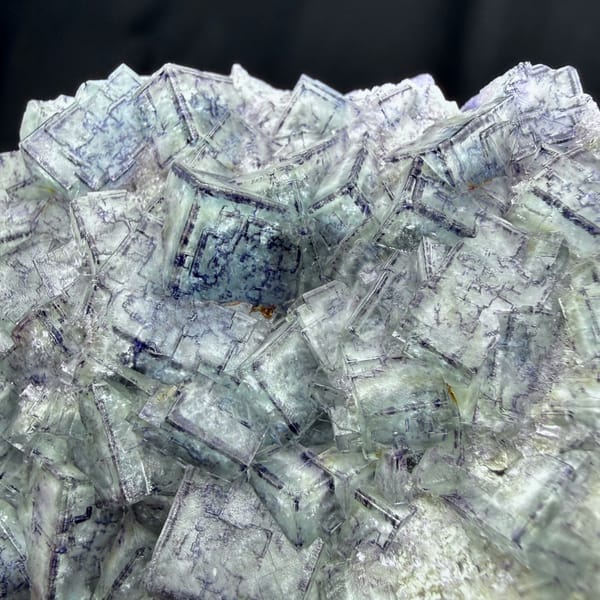 Plate of blue-and-white porcelain fluorite cubes from Inner Mongolia, China, top view