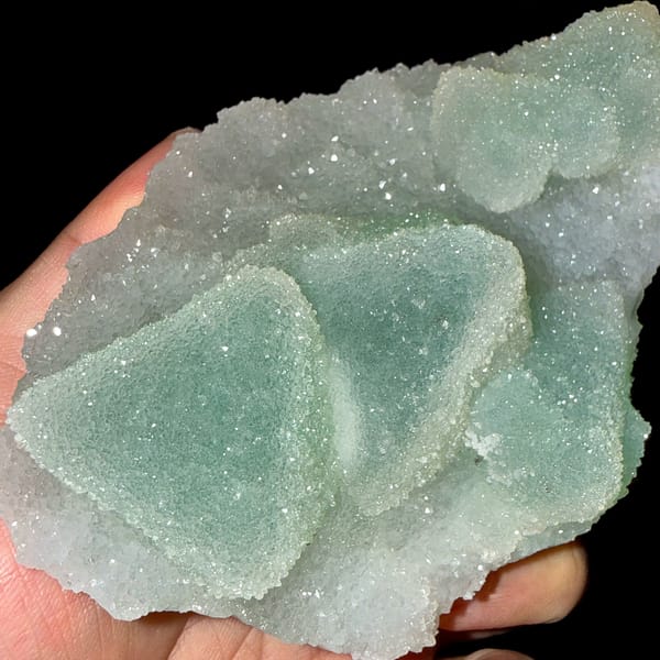 Mint-green sugar-textured octahedral fluorite plate from Fujian, China, reverse side