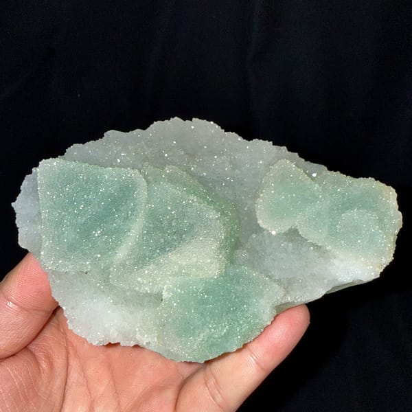 Mint-green sugar-textured octahedral fluorite plate from Fujian, China, top view