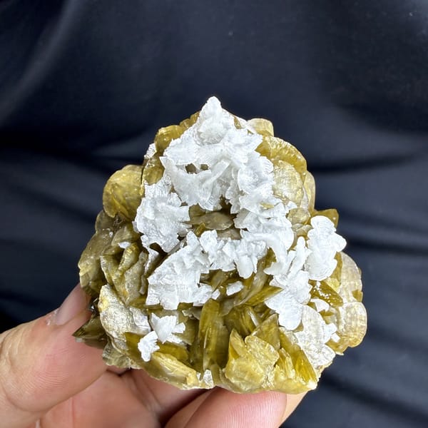 Golden-brown siderite crystals capped with white dolomite from Guizhou, China, detail of the matrix contact