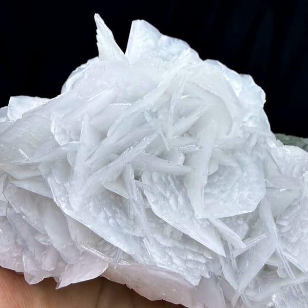 Large rose of white bladed calcite with green fluorite from Hunan, China, reverse side