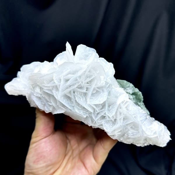 Large rose of white bladed calcite with green fluorite from Hunan, China, top view