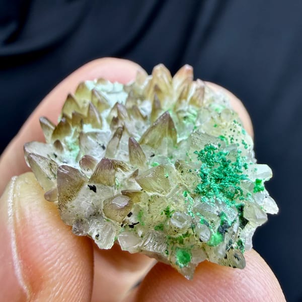 Dogtooth calcite with green copper minerals from Yunnan, China, second angle