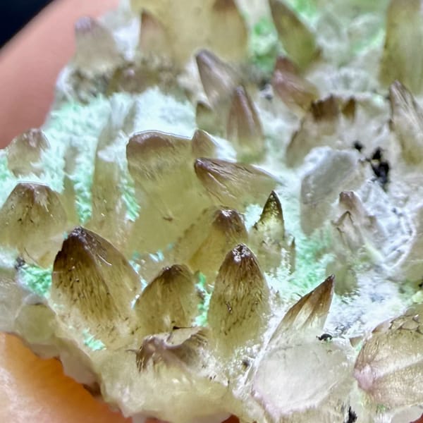 Dogtooth calcite with green copper minerals from Yunnan, China, top view