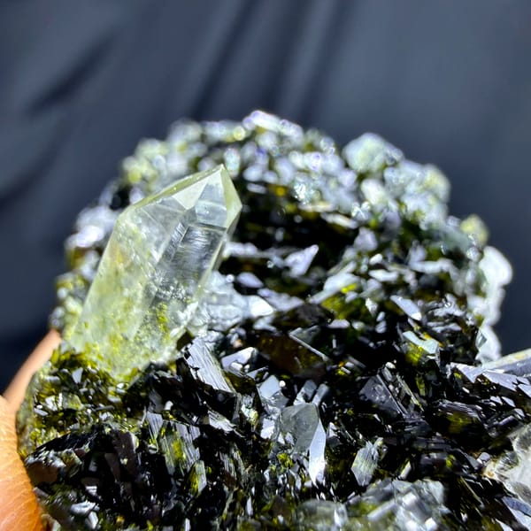 Clear quartz point standing in dark green epidote from Sichuan, China, reverse side