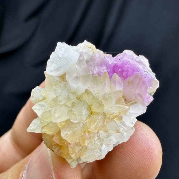 Yellow dogtooth calcite with pink cobalt aragonite from Yunnan, China, second angle