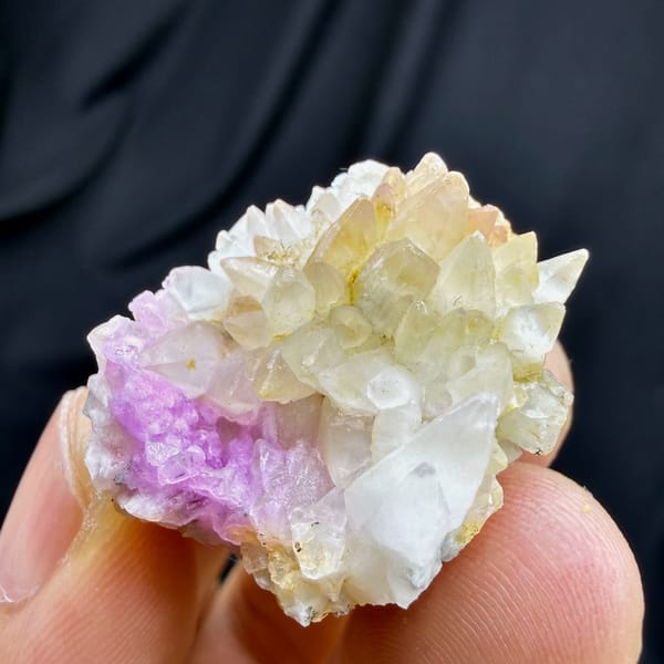 Yellow dogtooth calcite with pink cobalt aragonite from Yunnan, China, reverse side