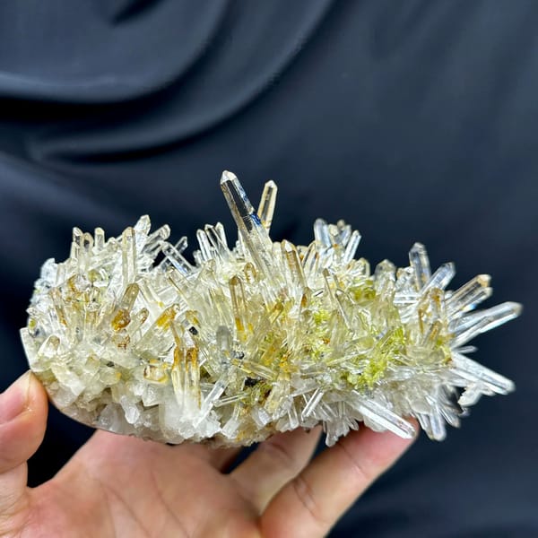 Burst of clear quartz needles with epidote and specular hematite from Guangdong, China