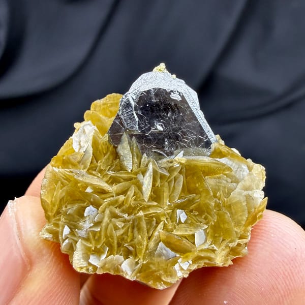 Steel-grey tetrahedrite crystal on golden siderite with chalcopyrite from Guizhou, China, top view