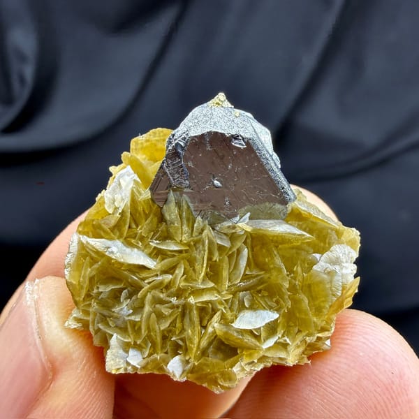 Steel-grey tetrahedrite crystal on golden siderite with chalcopyrite from Guizhou, China, detail of the matrix contact