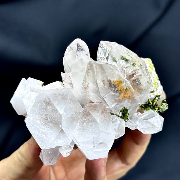 Large clear garden quartz crystals with green epidote from Sichuan, China, second angle