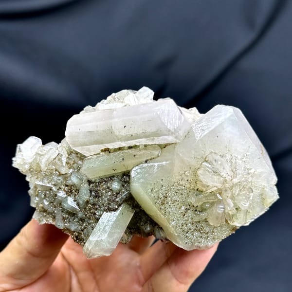 Large pink and green two-tone apophyllite crystals from Fujian, China, top view