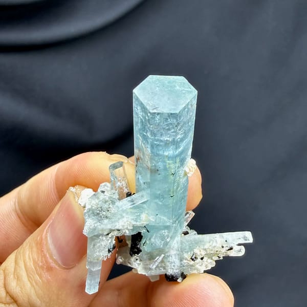 Sea-green aquamarine prism with black schorl on feldspar from Namibia, second angle