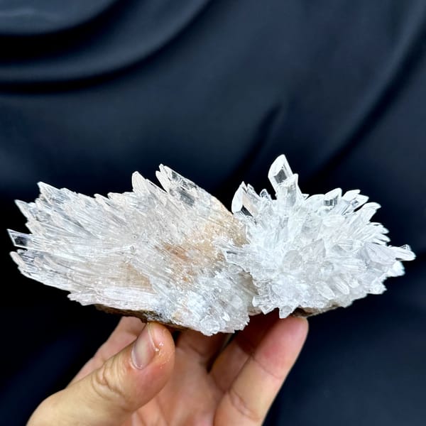 Long fan of transparent gypsum prisms from Guizhou, China, top view