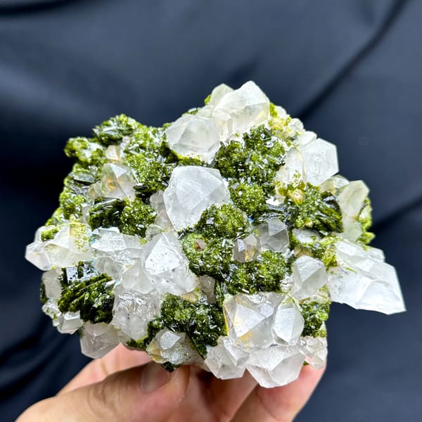 Green botryoidal epidote between milky garden quartz crystals from Sichuan, China, reverse side