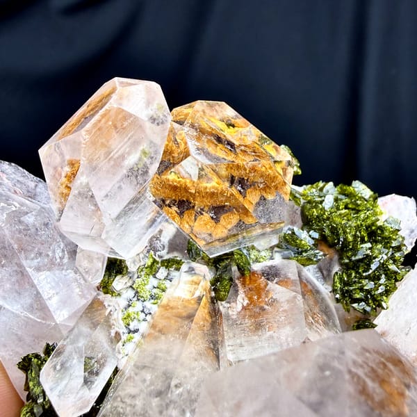 Large clear garden quartz crystals with green epidote from Sichuan, China, second angle
