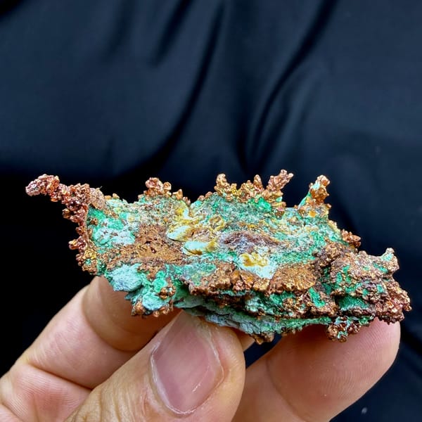 Dendritic native copper with turquoise malachite from the USA, reverse side