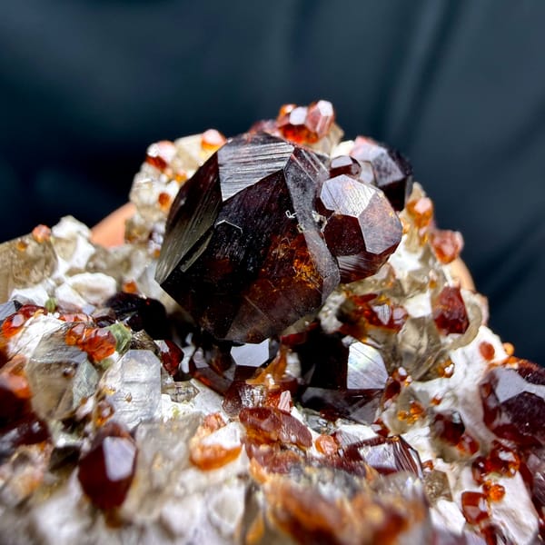 Large dark-red garnet crystals on feldspar and smoky quartz from Yunxiao, Fujian, China, close-up of the crystal faces