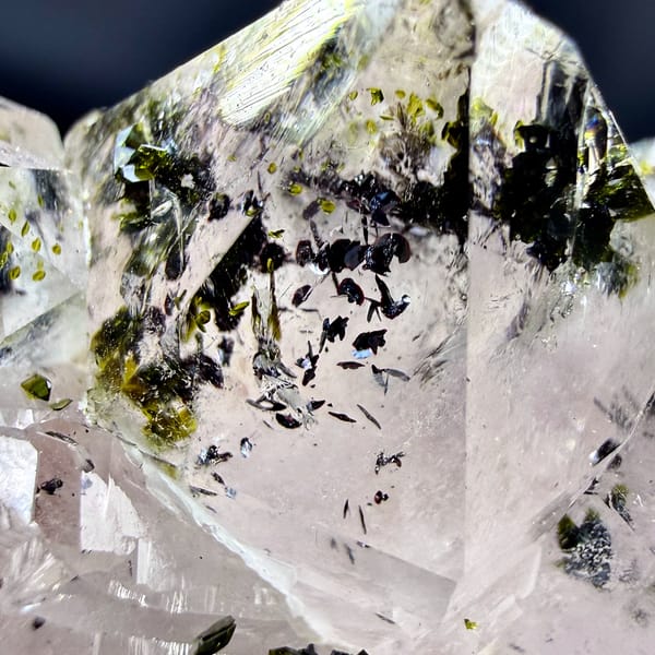 Clear garden quartz cluster with dark green epidote from Sichuan, China, second angle