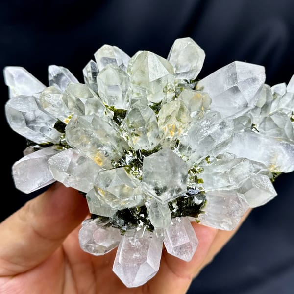 Flower-shaped fan of clear garden quartz with epidote from Sichuan, China, second angle