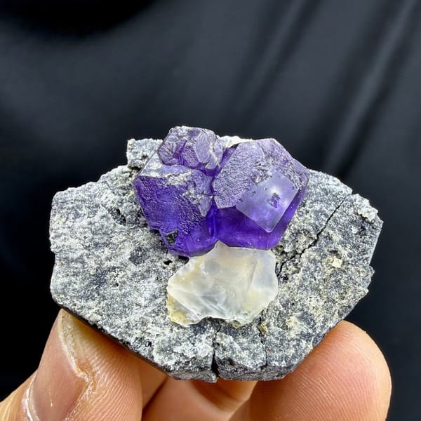 Etched violet-blue fluorite cubes with pale calcite on grey rock from Fujian, China, detail of the matrix contact