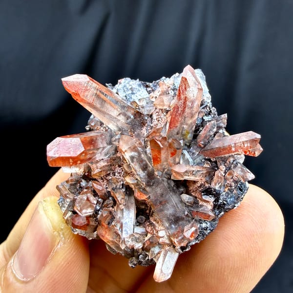 Red-skinned quartz needles on black specular hematite from Guangdong, China, top view