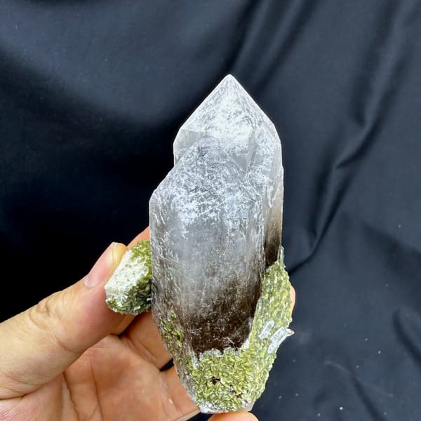 Large gradient quartz crystal with snowflake inclusions and green fluorite from Yunxiao, Fujian, China, second angle