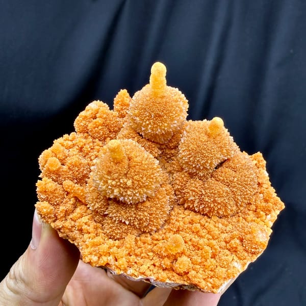 Orange gourd-shaped calcite stalactites from Yunnan, China, top view