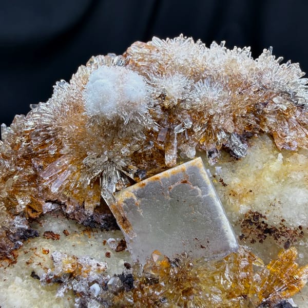 White-rimmed fluorite cube among golden creedite sprays from Guizhou, China, reverse side