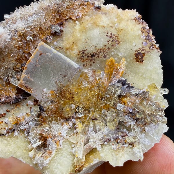 White-rimmed fluorite cube among golden creedite sprays from Guizhou, China, top view