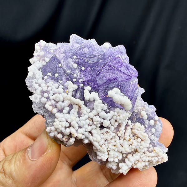 Lavender fluorite with white botryoidal aragonite from Yunnan, China, top view
