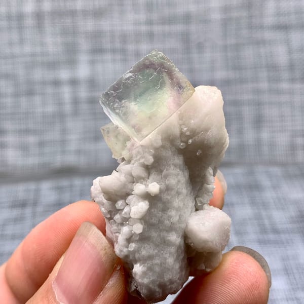 Purple-green fluorite cube on a pale quartz stalk from Inner Mongolia, China, held in hand