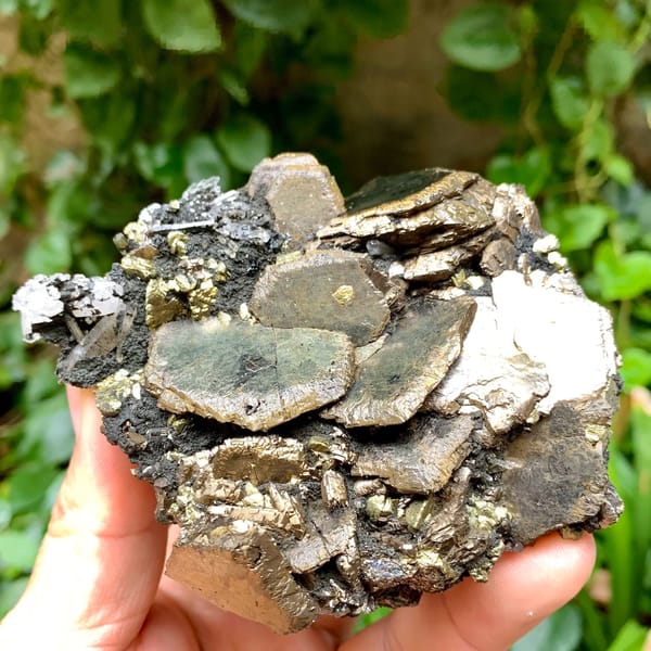 Stacked bronze pyrrhotite plates with chalcopyrite and quartz from Inner Mongolia, China