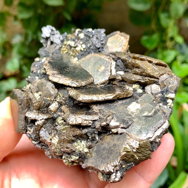 Stacked bronze pyrrhotite plates with chalcopyrite and quartz from Inner Mongolia, China, second angle