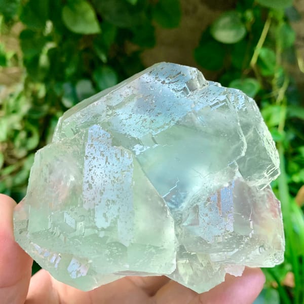 Large transparent green fluorite cube cluster from Fujian, China, top view