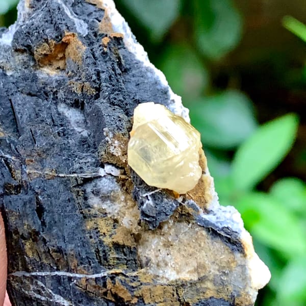 Pale yellow cerussite crystal on dark galena matrix from Guangxi, China, top view