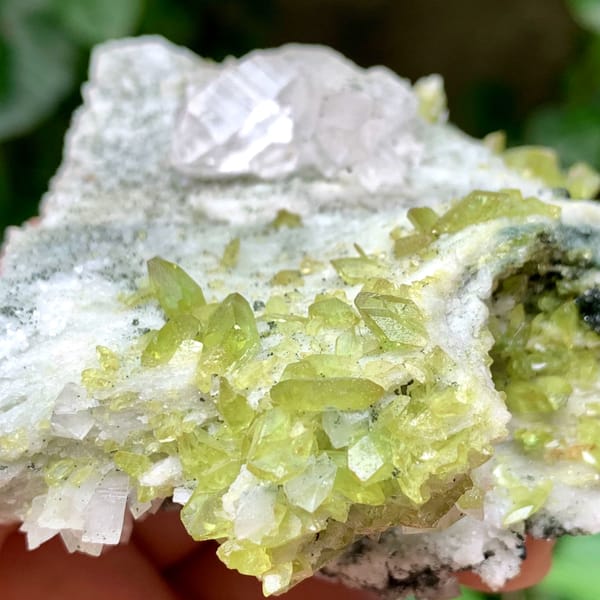 Clear quartz on green chlorite and feldspar with titanite from Pakistan, top view